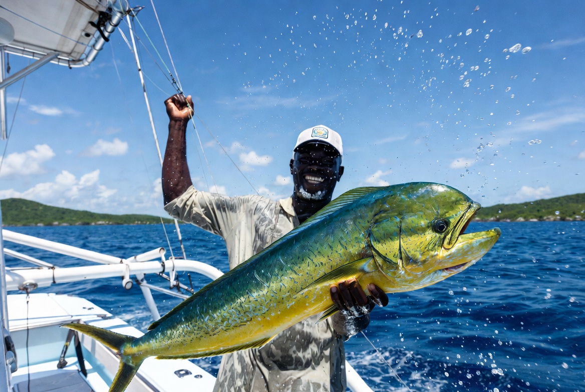 Angler with a mahi-mahi catch on a Bahamas fishing charter